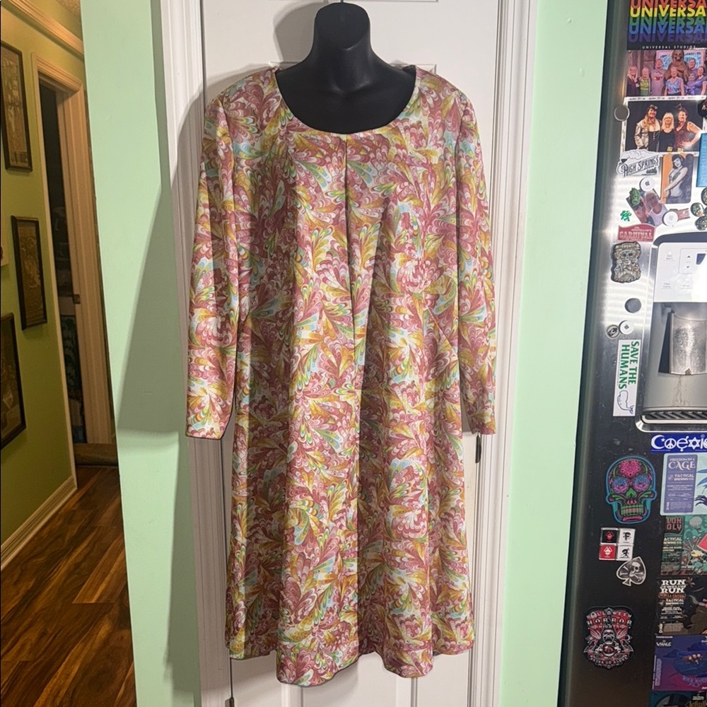 Handmade Pastel Swirl Vintage 70s A Line Plus Sized Long Sleeve Dress Size 2X